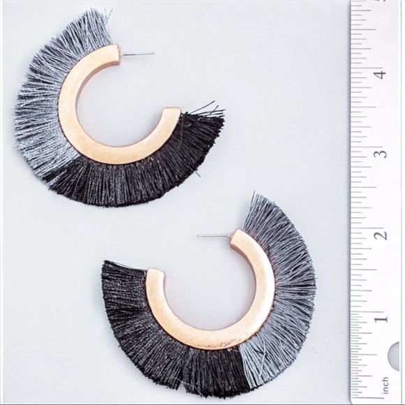 NEW! Black Charcoal Two Tone Tassel Hoop Earrings - Picture 4 of 10